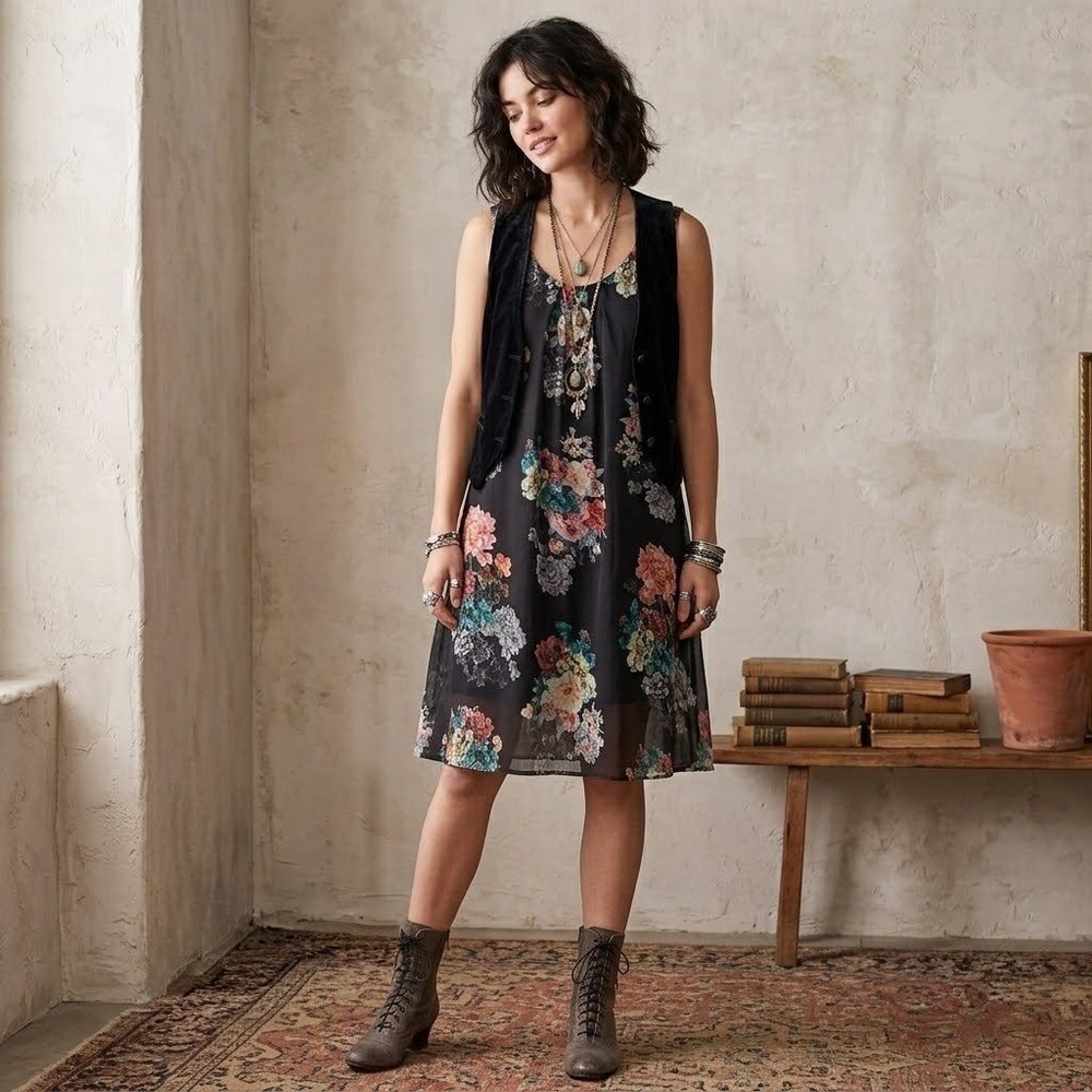 Silk Blend Dress Womens Small Black Made in Italy Romantic Whimsigoth Layered
